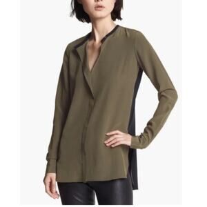 Vince Silk Olive Green and Black Two Toned Colorblock Blouse 2